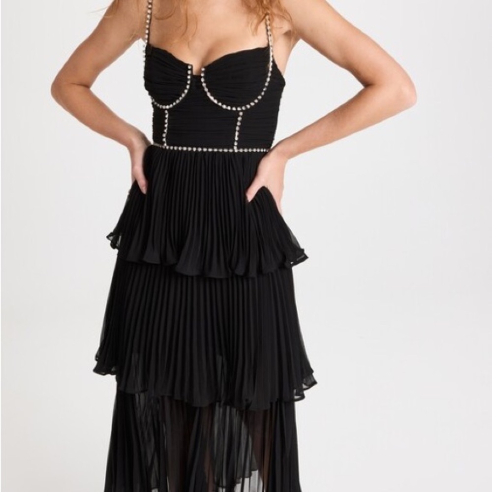 Self-Portrait Black Pleated Dress with Studded Trim